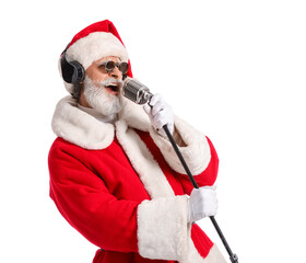 Cool Santa Claus with microphone singing Christmas song on white background