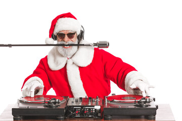 Cool Santa DJ playing music on white background