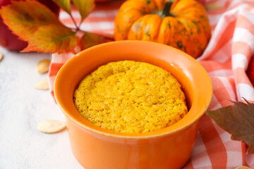 Tasty pumpkin pudding on table