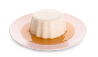 Tasty pumpkin pudding on white background
