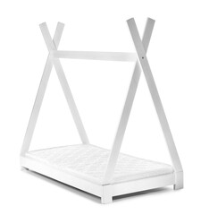 Child's bed with modern orthopedic mattress on white background
