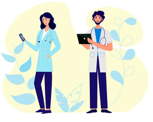 Telemedicine. Woman doctor and man doctor with smartphone and tablet in hands. Consultation on phone screen. Online doctor concept. Medicine mobile phone app.