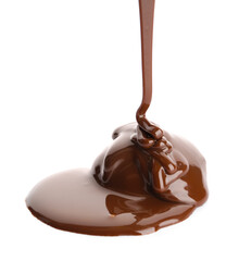 Pouring melted chocolate on white background