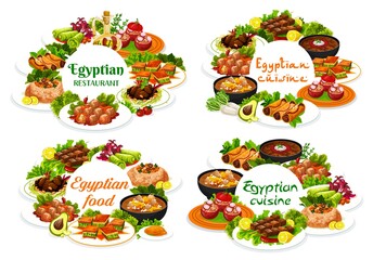 Egyptian cuisine restaurant vector round banners. Egyptian dishes with stuffed vegetables and rice, lamb and fish meat, sweet pastry dessert and soup with legumes, meatball, couscous and baklava