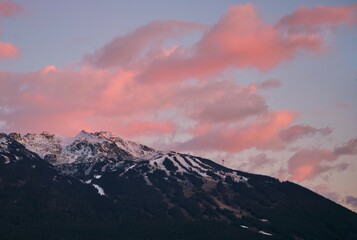 Alpine Gondola poles and ropes on Whistler Blackcomb mountain at sunset. Whistler. British Columbia. Canada 