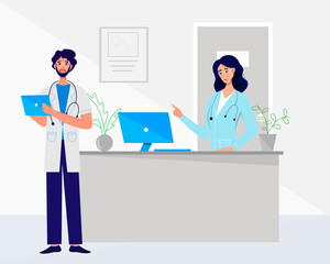 Woman doctor and man doctor with smartphone and computer. Consultation and Medical clinic reception.