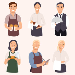 Set of young vector waiters and waitresses serving visitors. Restaurant staff characters design.Hand drawn illustration.