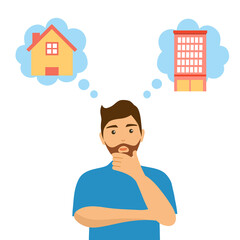 Man thinking to buy house or rent apartment concept vector illustration on white background. Young man holds his chin and making decision about his resident.
