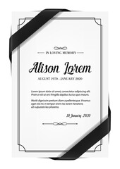 Funerary card with obituary condolence and mourning ribbon. Obituary card layout, mortuary plate vector template, sepulchral plaque with in memoriam necrologue and black silk ribbon over corners