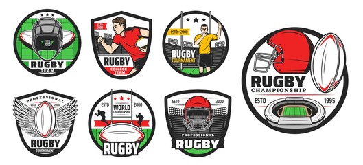 Rugby sport vector icons. American football game signs. Professional player run with ball, helmet, tribunes, play field and referee whistles on stadium. Rugby tournament sport team isolated labels set © Vector Tradition
