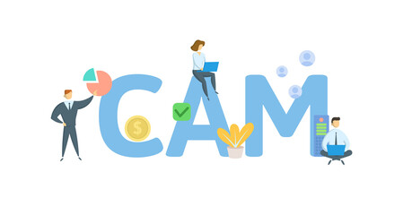 CAM, Common Area Maintenance. Concept with keywords, people and icons. Flat vector illustration. Isolated on white background.