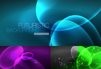 Set of neon abstract backgrounds. Shiny bright glowing ellipses in the dark. Vector futuristic illustrations for covers, banners, flyers and posters and other