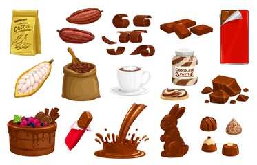 Chocolate, cocoa vector choco production bars, bunny sweet dessert and splashes. Truffle, candies and hot beverage, beans in sack, retail package and cake with chips, paste isolated cartoon icons set