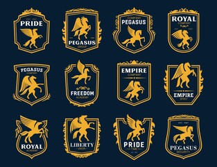 Pegasus icons. Heraldic winged horses symbols. Royal coat of arms, company emblem or college vintage badge with rearing on hind legs pegasus golden silhouette, shield frames and ornaments vector