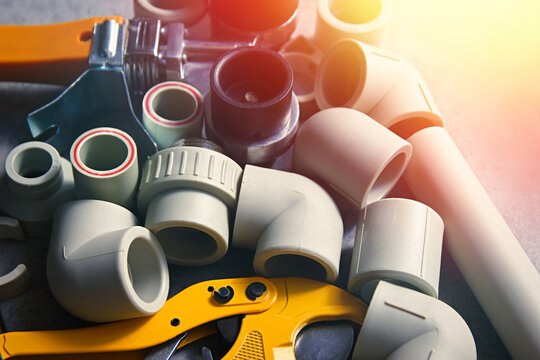 Set plumbing water supply or heating include soldering iron, PVC pipe , fitting joint connector and Pipe cutters