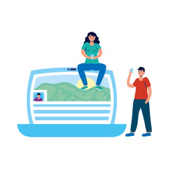 young couple using smartphones seated in laptop