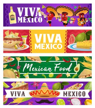 Mexican holiday food and chilli musician, Viva Mexico vector banners. Red pepper mariachi cartoon characters in sombrero hats with maracas and guitar, tequila, taco, burrito and avocado guacamole
