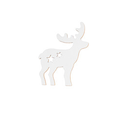 Wooden christmas or new year decoration in form of horned deer with carved stars isolated on white background