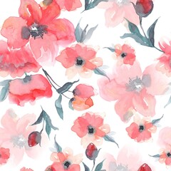 Seamless floral pattern with pink flowers. Hand painted gentle watercolor background