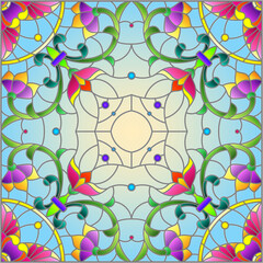 Illustration in the stained glass style with an abstract flower arrangement on a blue background, square image