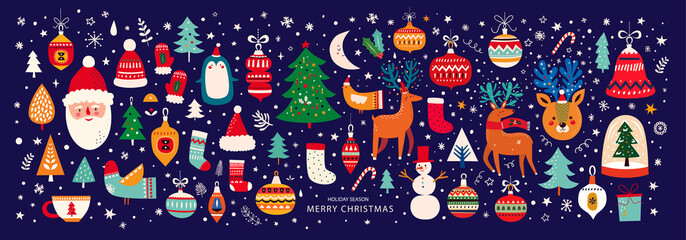 Christmas decorative banner with funny Santa Claus, Christmas toys, Christmas tree and holiday elements. Christmas pattern
