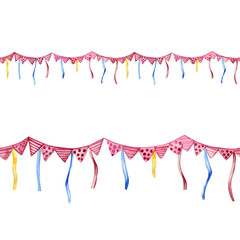 Watercolor hand painted seamless border pink festive garland with triangle flags and colorful ribbons. Perfect for greeting cards, posters, fabric design or party decoration.