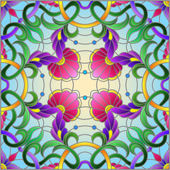 Illustration in the stained glass style with an abstract flower arrangement on a blue background, square image