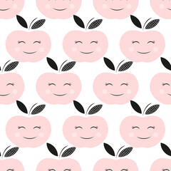 Seamless pattern with abstract smiling apples on a white background. Vector illustration with fruit for children's design.