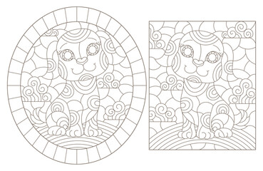 Set of outline illustrations in the style of stained glass with abstract dogs , dark outlines on white background