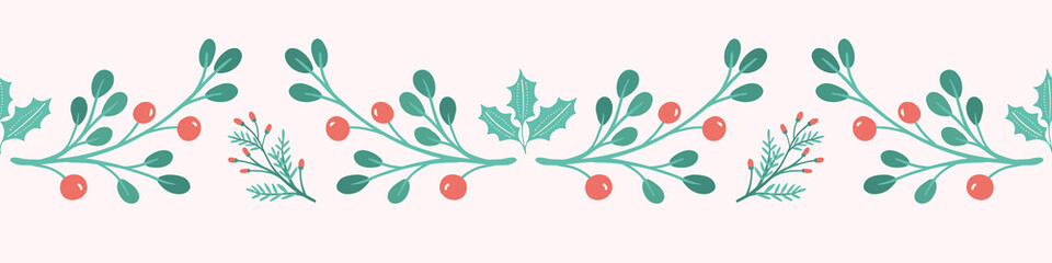 Christmas banner background. Sweet Festive banner of holly, berries and foliage, vector seasonal seamless repeat.