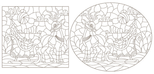 Set of contour illustrations of stained glass Windows on the theme of Christmas and new year with cartoon deer, dark outlines on a white background