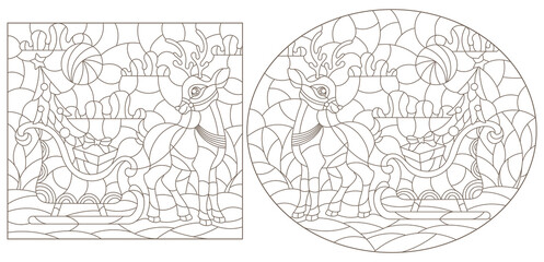 Fototapeta premium Set of contour illustrations of stained glass Windows on the theme of Christmas and new year with cartoon deer, dark outlines on a white background