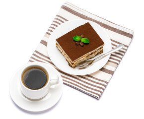 Traditional Italian Tiramisu dessert square portion on ceramic plate and cup of fresh espresso coffee isolated on white background with clipping path