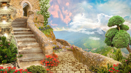 An ancient castle, with access to a terrace decorated with flowers and shrubs, a beautiful view from the mountain. Digital wallp - obrazy, fototapety, plakaty