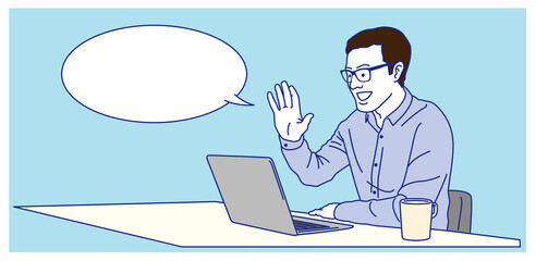 リモートで仕事をする男性   ふきだし