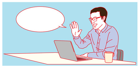 リモートで仕事をする男性   ふきだし