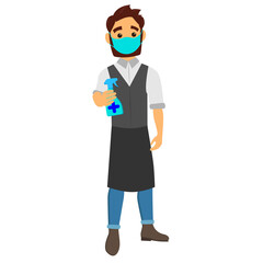 A friendly waiter in a medical mask and a sanitizer in his hands. A male waiter in an apron. Vector illustration