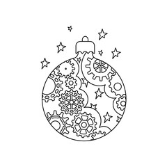 Coloring book Christmas ball in steampunk style. Coloring pages for children and adults. Abstract mechanical ball in industrial style.