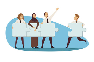 Partnership, teamwork, business concept. Young group of multiethnic businessmen women managers partners cooperate collaborate connecting jugsaw puzzles together. Team building coworking illustration.