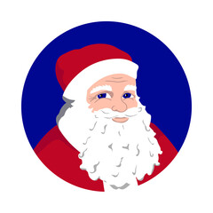 Bright Christmas and New Year minimalistic illustration. Kind and friendly smiling Santa Claus isolated on blue background. It can be use as icon in social media