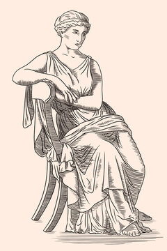 An Ancient Greek Young Woman In A Tunic Sits On A Chair. Antique Engraving.