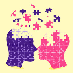 Female and male heads with puzzle pieces. Education, knowledge, psychology, memory, logic concept. Mental and brain illness. Vector flat illustration.