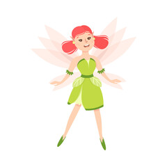 Girl Fairy with Wings, Cute Winged Elf Princesses in Green Dress Cartoon Style Vector Illustration