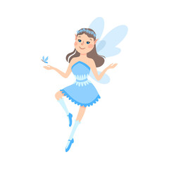 Cute Girl Fairy with Wings, Adorable Winged Elf Princesses in Light Blue Dress with Butterfly Cartoon Style Vector Illustration