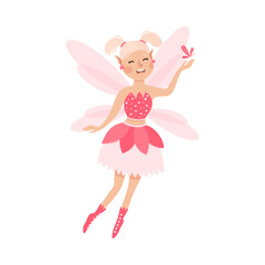 Fototapeta na wymiar Happy Cute Girl Fairy with Wings, Lovely Winged Elf Princesses in Pink Dress with Butterfly Cartoon Style Vector Illustration