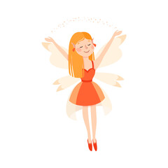 Naklejka premium Cute Redhead Girl Fairy with Wings, Lovely Happy Winged Elf Princesses in Fancy Dress Cartoon Style Vector Illustration