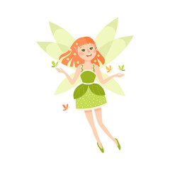 Happy Cute Readhead Girl Fairy with Wings, Lovely Winged Elf Princesses in Green Dress with Butterflies Cartoon Style Vector Illustration