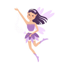 Obraz na płótnie Canvas Cute Girl Fairy with Magic Wand, Lovely Flying Winged Elf Princesses in Lilac Dress Cartoon Style Vector Illustration