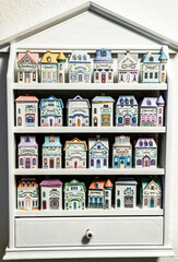 Grandmothers vintage kitchen spices shelf tools for cooking in old house formed porcelain containers