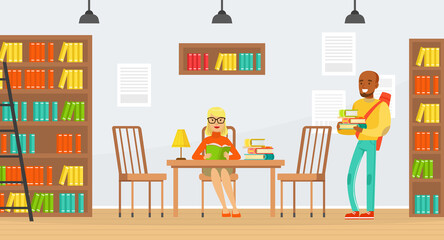 Studying Students, Library Interior with People Reading Books Cartoon Vector Illustration